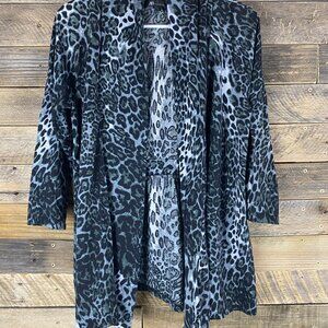 AB Studio Women's Sz L Open Front Gray & Black Animal Print 3/4 Sleeve Cardigan